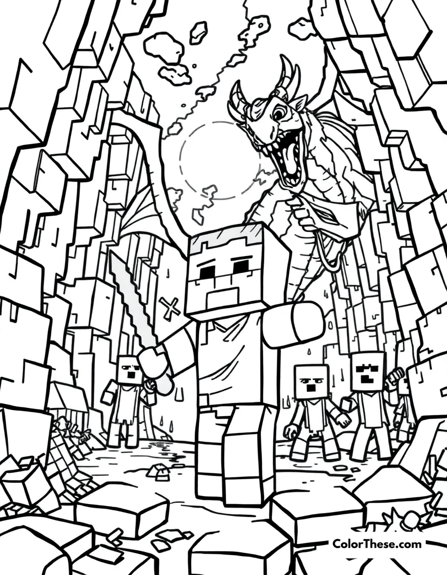 Free printable exploring the end dimension coloring page for kids and adults - A a minecraft (game) character exploring the end dimension with endermen and an ender dragon.