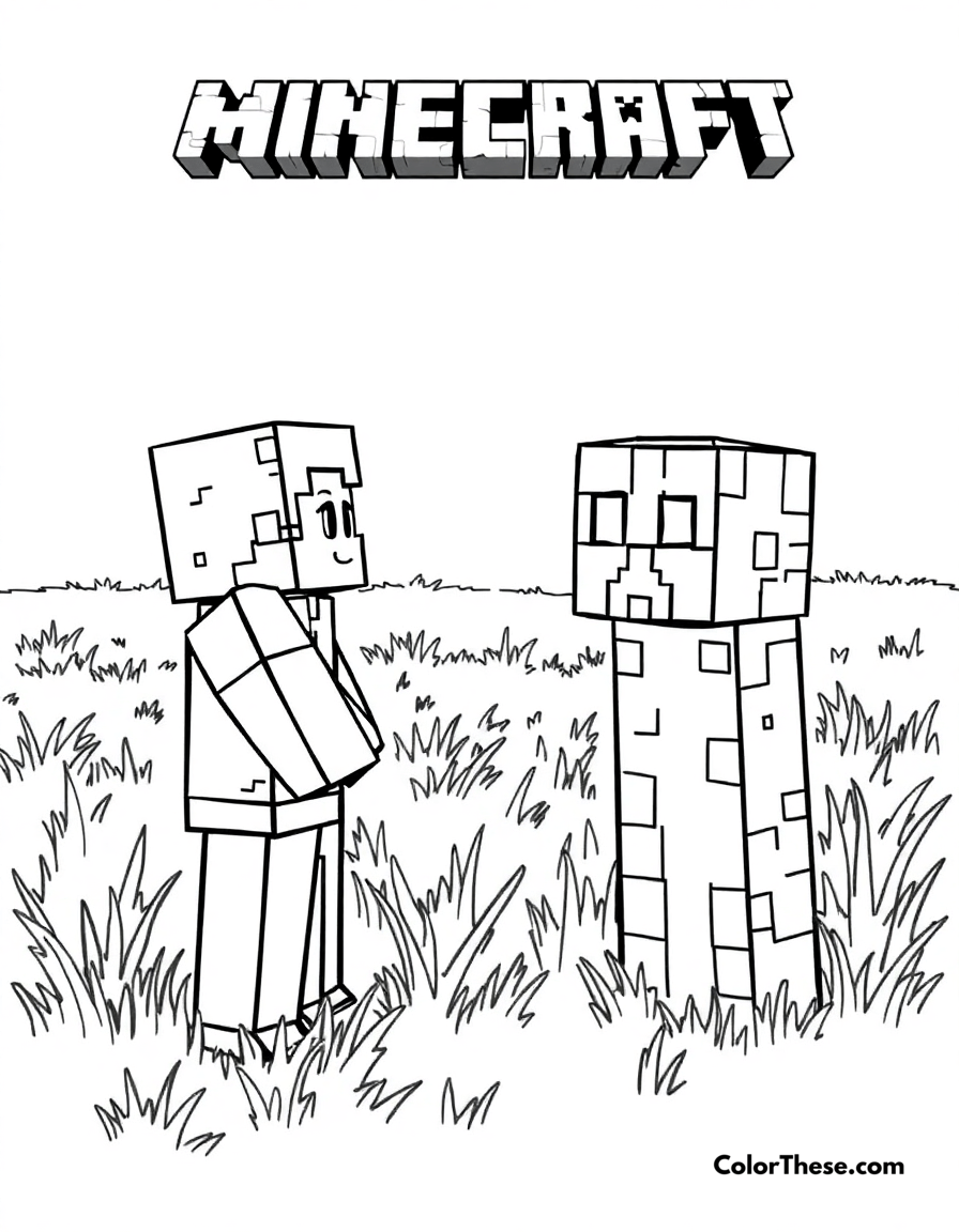 Free printable facing a creeper coloring page for kids and adults - A a minecraft (game) character facing a creeper in a grassy field.