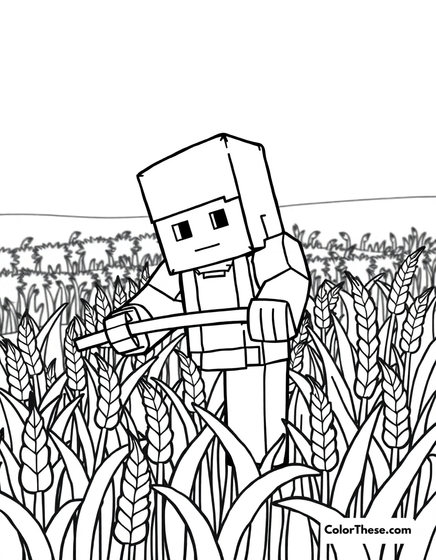 Free printable farming wheat coloring page for kids and adults - A a minecraft (game) character farming wheat in a field.