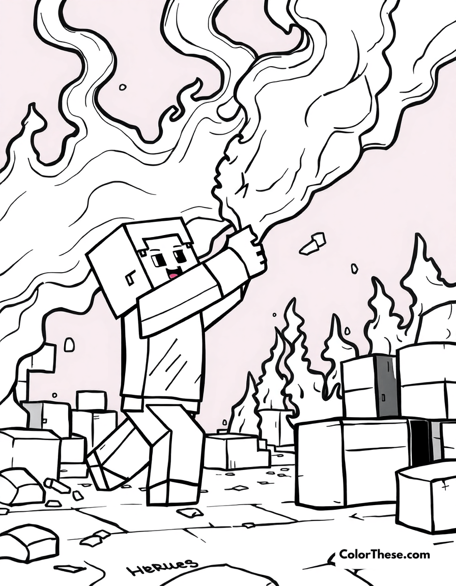 Free printable fighting a blaze coloring page for kids and adults - A a minecraft (game) character fighting a blaze in the nether.