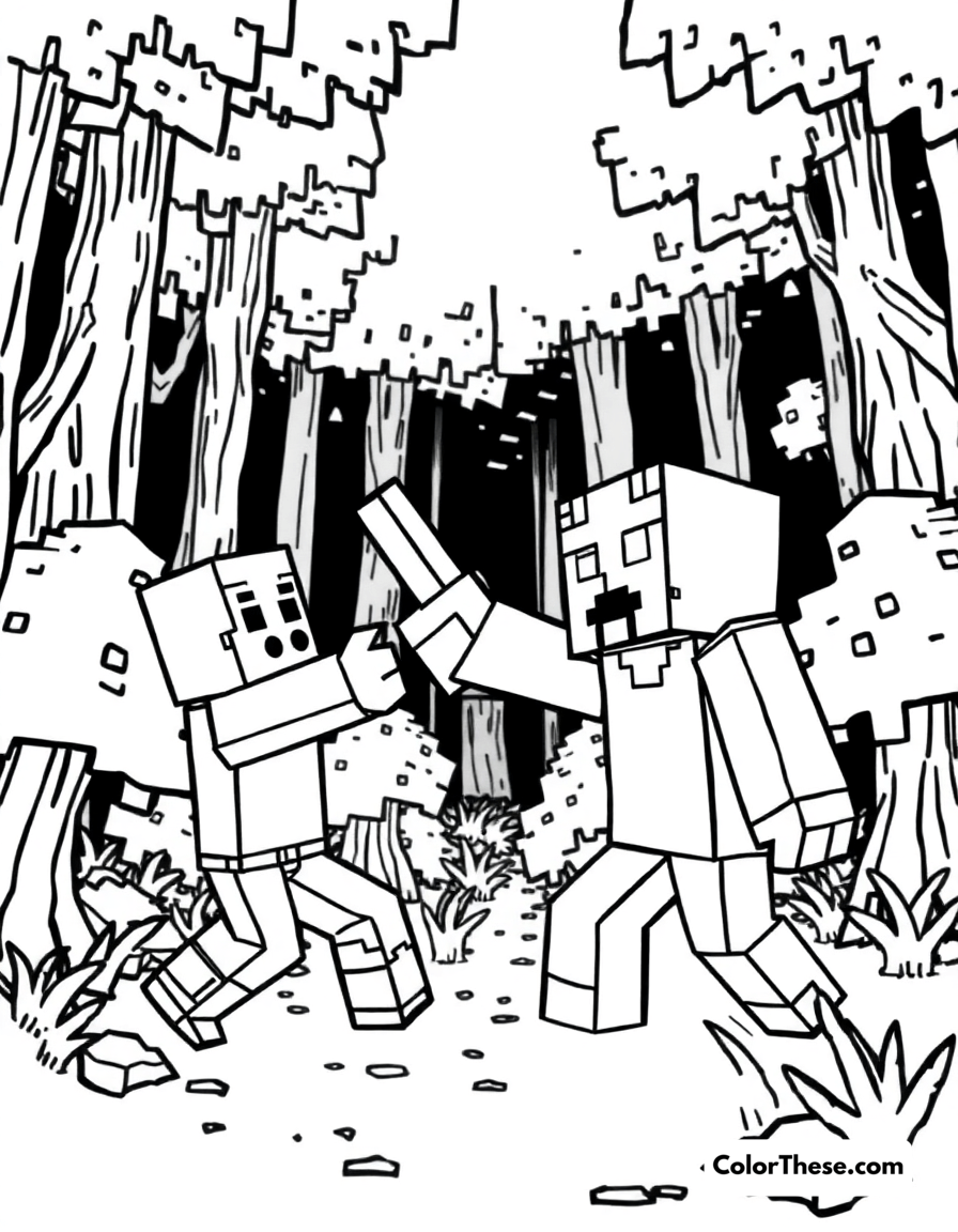 Free printable fighting an enderman coloring page for kids and adults - A a minecraft (game) character fighting an enderman in a dark forest.