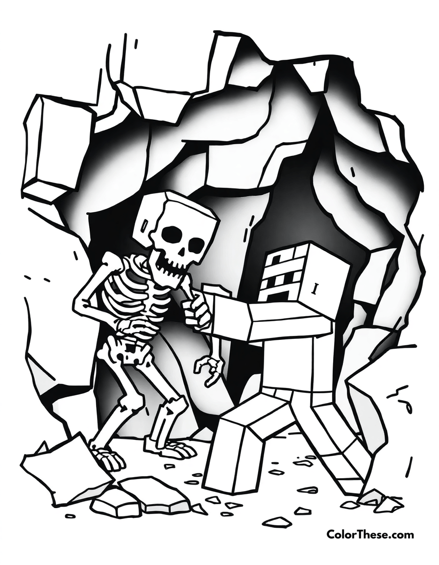 Free printable fighting a skeleton coloring page for kids and adults - A a minecraft (game) character fighting a skeleton in a dark cave.