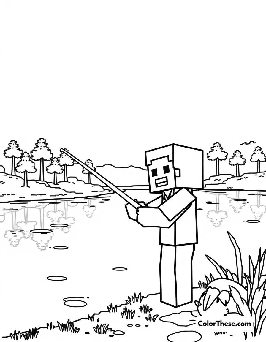 Free printable fishing by the lake coloring page for kids and adults - A a minecraft (game) character fishing by a peaceful lake.