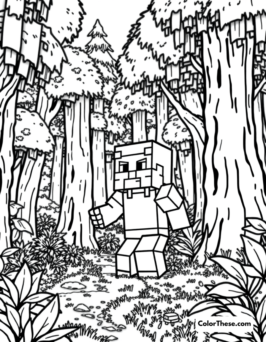 Free printable exploring a forest biome coloring page for kids and adults - A a minecraft (game) character exploring a lush forest biome.