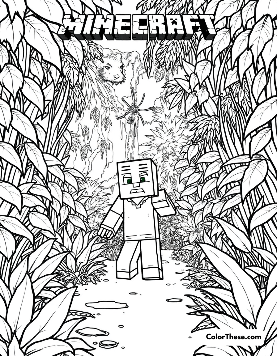 Free printable exploring a jungle biome coloring page for kids and adults - A a minecraft (game) character exploring a dense jungle biome.