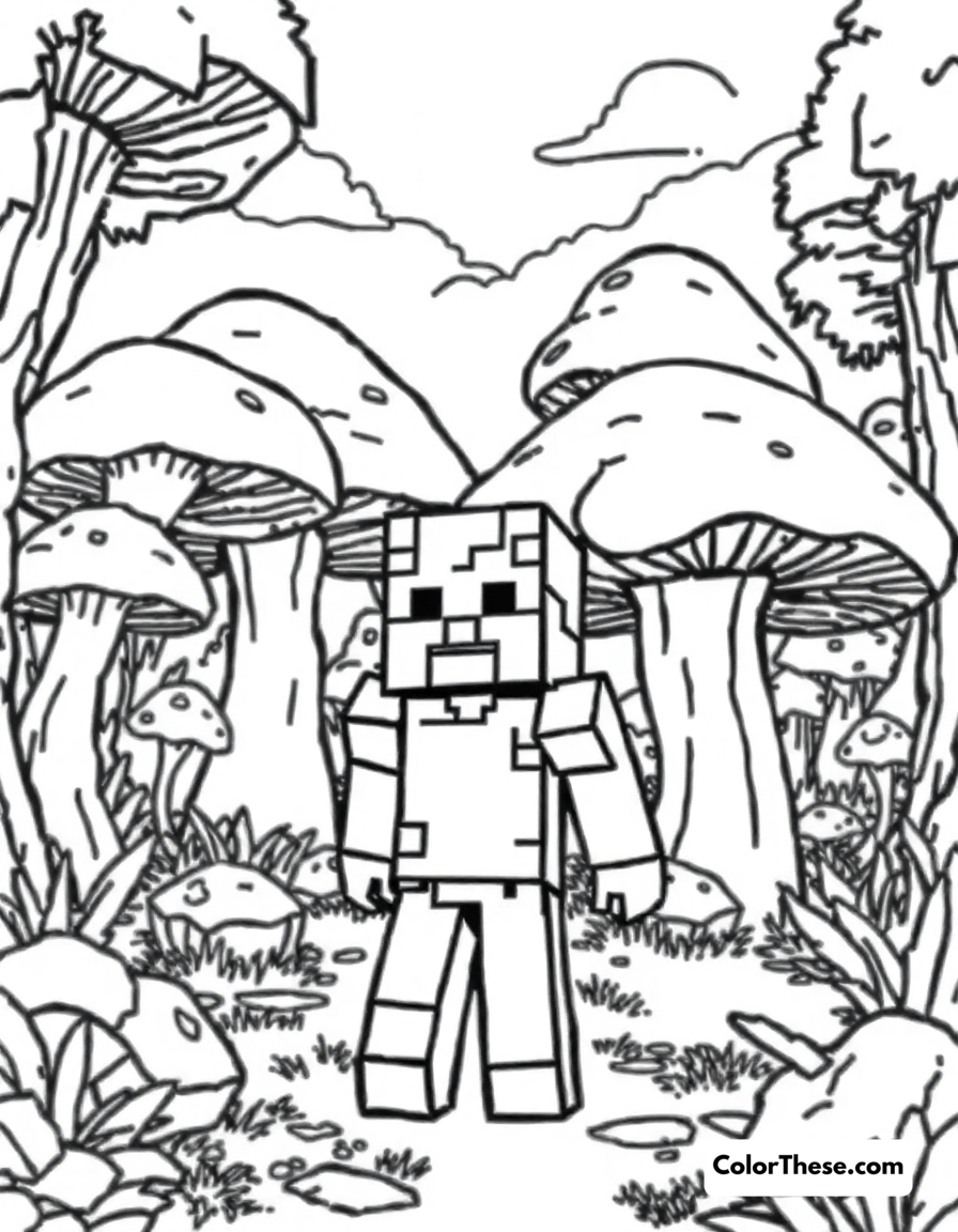 Free printable exploring a mushroom biome coloring page for kids and adults - A a minecraft (game) character exploring a mushroom biome with giant mushrooms.