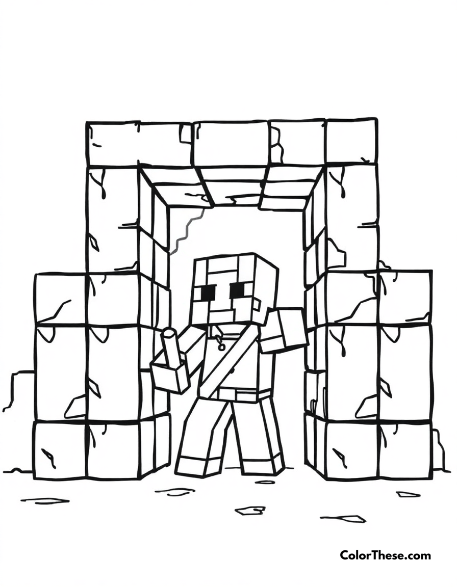 Free printable building a nether portal coloring page for kids and adults - A a minecraft (game) character building a nether portal with obsidian blocks.