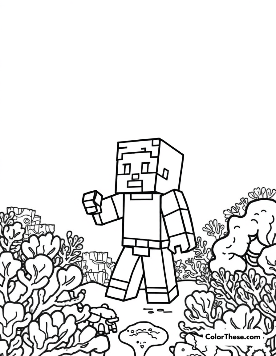 Free printable exploring an ocean biome coloring page for kids and adults - A a minecraft (game) character exploring an ocean biome with coral reefs.