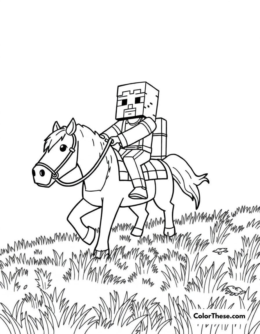 Free printable riding a horse coloring page for kids and adults - A a minecraft (game) character riding a horse across a grassy plain.