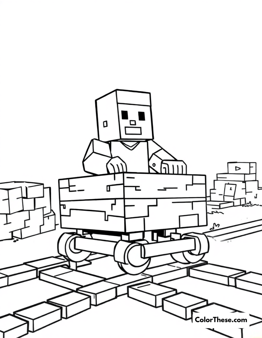 Free printable riding a minecart coloring page for kids and adults - A a minecraft (game) character riding a minecart on tracks.