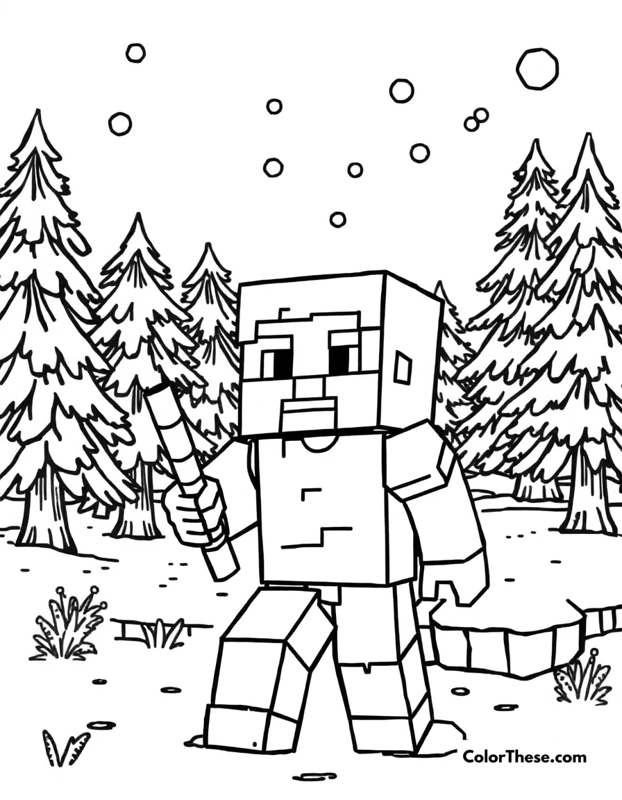 Free printable exploring a snowy biome coloring page for kids and adults - A a minecraft (game) character exploring a snowy biome with pine trees.