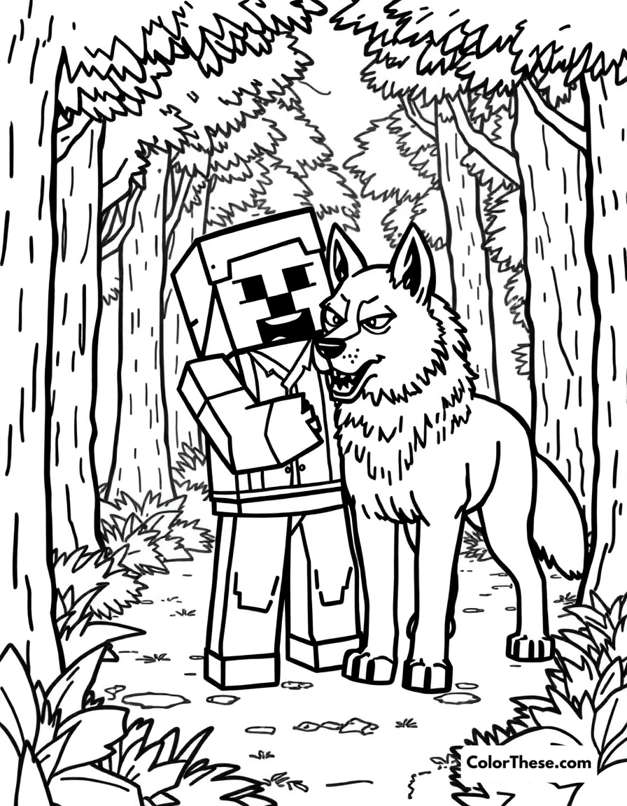 Free printable taming a wolf coloring page for kids and adults - A a minecraft (game) character taming a wolf in a forest.