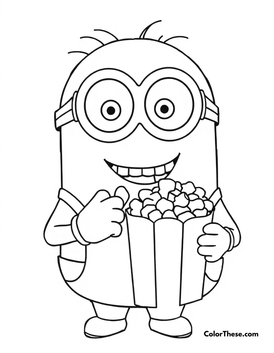 Free printable minion eating popcorn coloring page for kids and adults - A a minion (despicable me) eating popcorn and smiling.