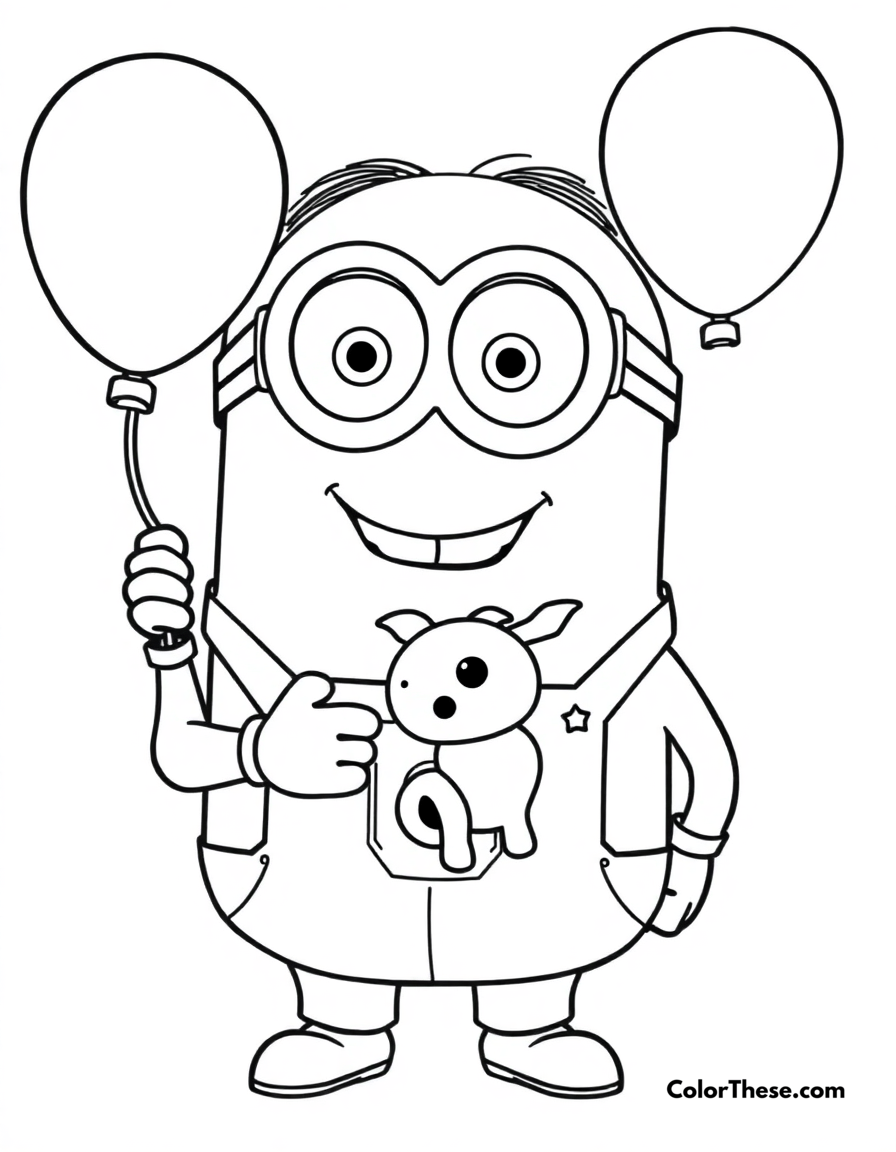 Free printable minion holding a balloon animal coloring page for kids and adults - A a minion (despicable me) holding a balloon animal and smiling.