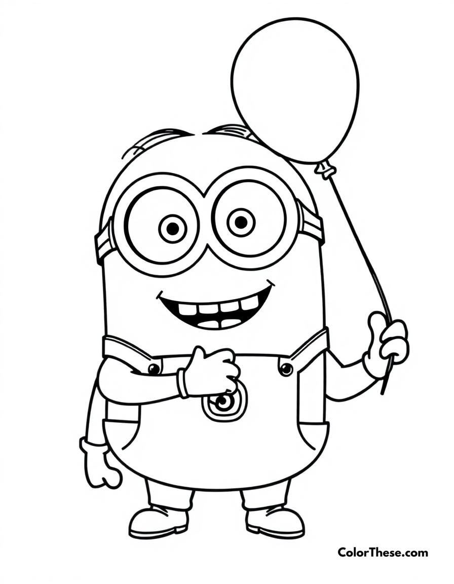 Free printable minion holding a balloon coloring page for kids and adults - A a minion (despicable me) holding a balloon and smiling.