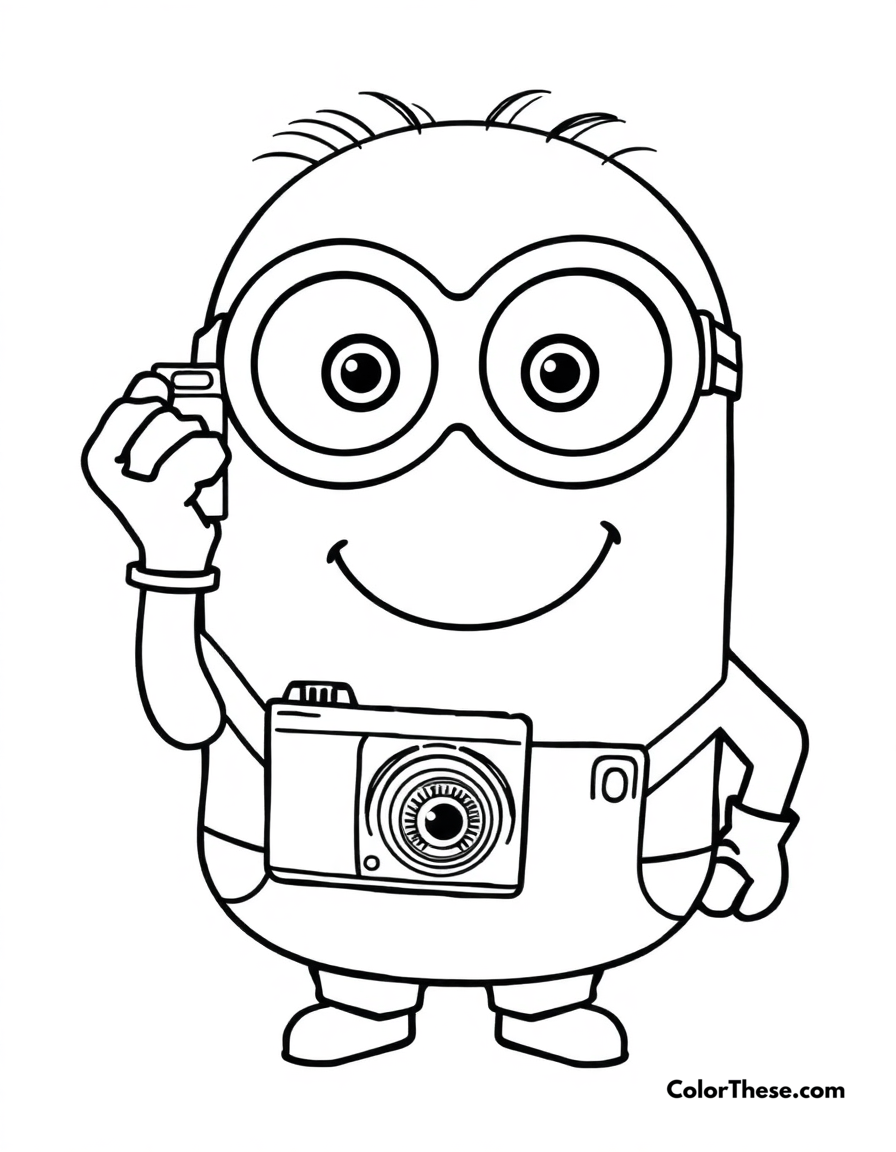 Free printable minion holding a camera coloring page for kids and adults - A a minion (despicable me) holding a camera and smiling.