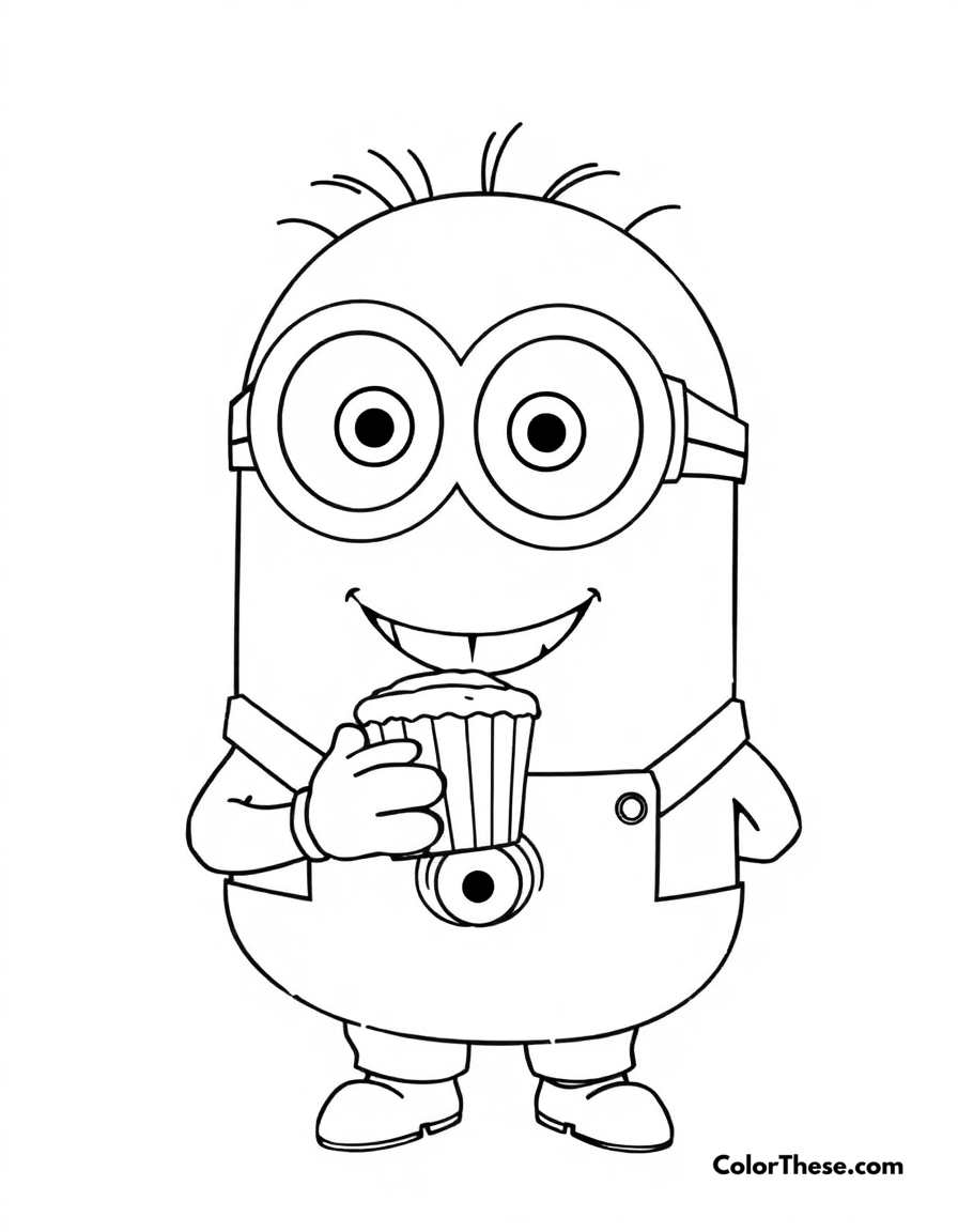 Free printable minion holding a cupcake coloring page for kids and adults - A a minion (despicable me) holding a cupcake and smiling.