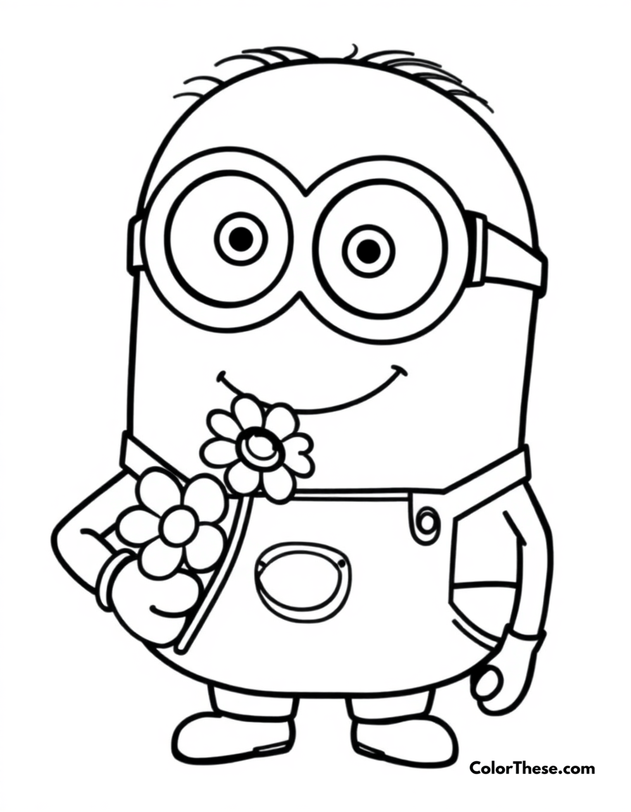 Free printable minion holding a flower coloring page for kids and adults - A a minion (despicable me) holding a flower and smiling.