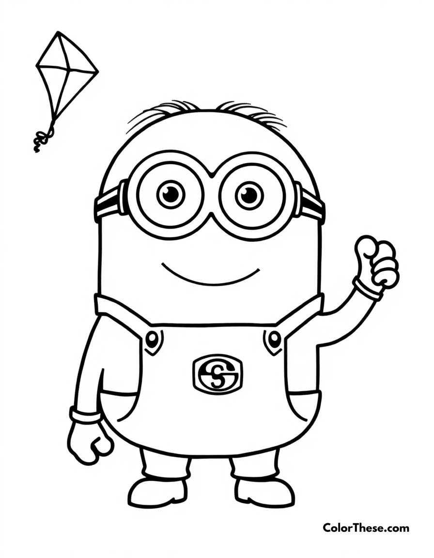 Free printable minion holding a kite coloring page for kids and adults - A a minion (despicable me) holding a kite and smiling.