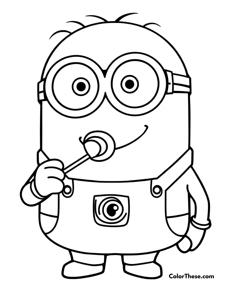 Free printable minion holding a lollipop coloring page for kids and adults - A a minion (despicable me) holding a lollipop and smiling.