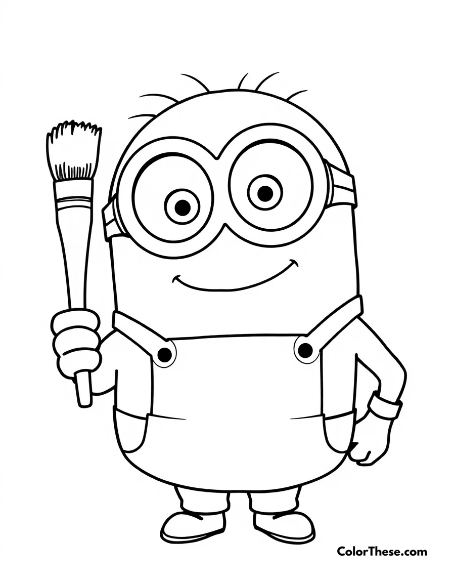 Free printable minion holding a paintbrush coloring page for kids and adults - A a minion (despicable me) holding a paintbrush and smiling.