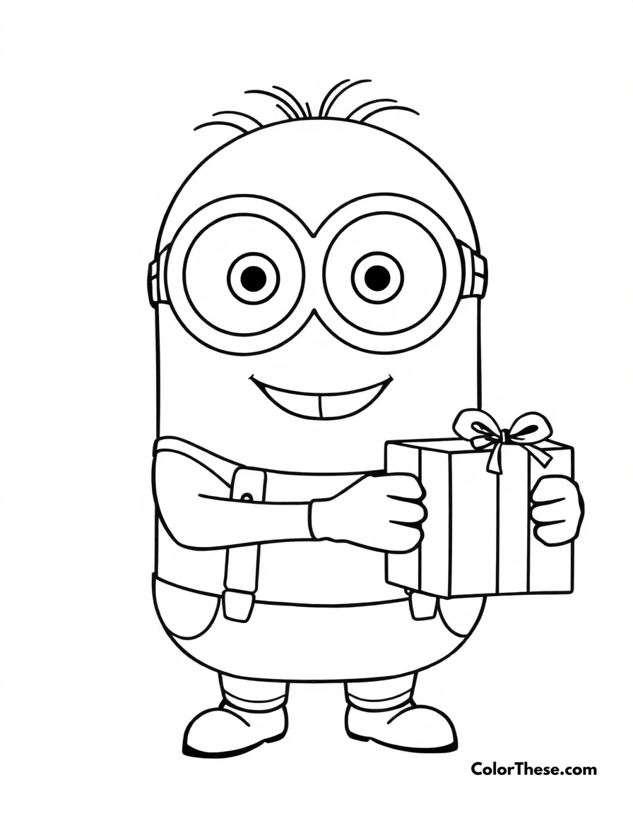 Free printable minion holding a present coloring page for kids and adults - A a minion (despicable me) holding a present and smiling.