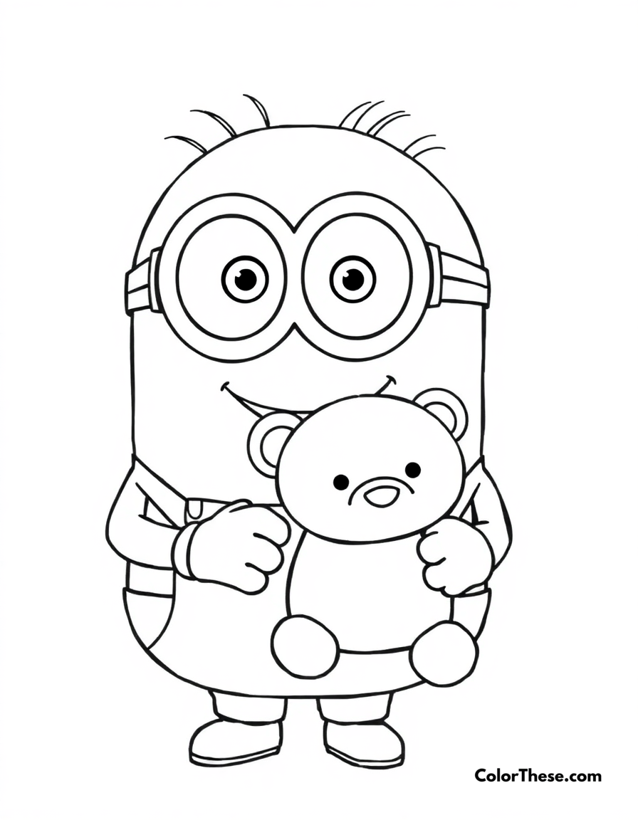 Free printable minion holding a teddy bear coloring page for kids and adults - A a minion (despicable me) holding a teddy bear and smiling.