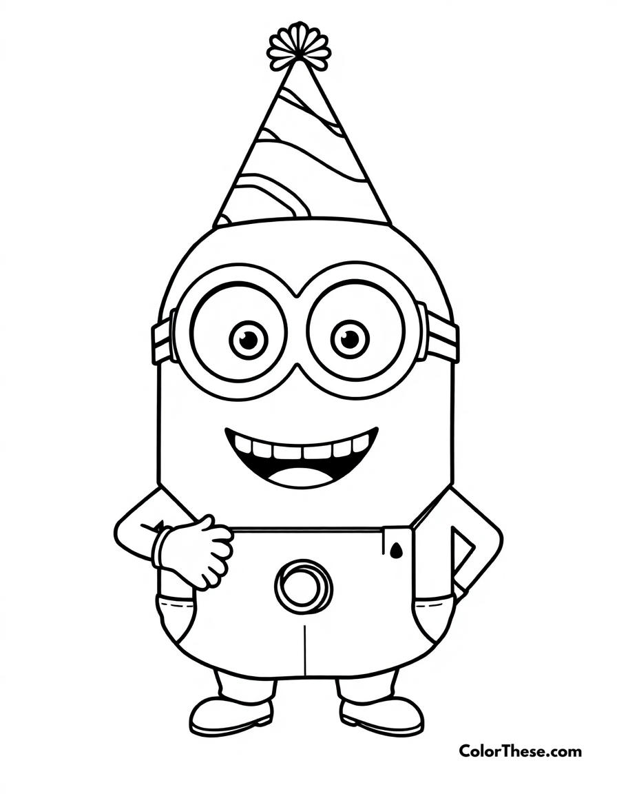 Free printable minion wearing a party hat coloring page for kids and adults - A a minion (despicable me) wearing a party hat and smiling.