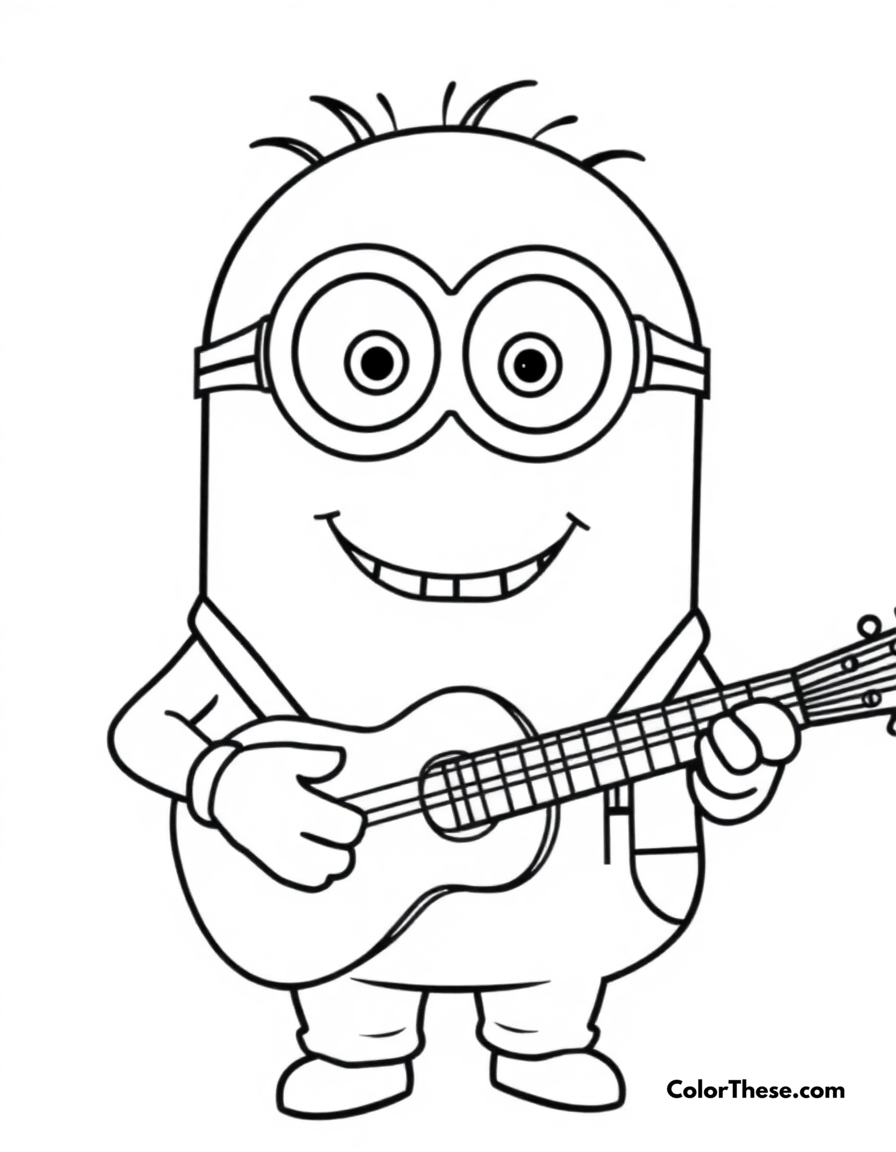 Free printable minion playing a guitar coloring page for kids and adults - A a minion (despicable me) playing a guitar and smiling.