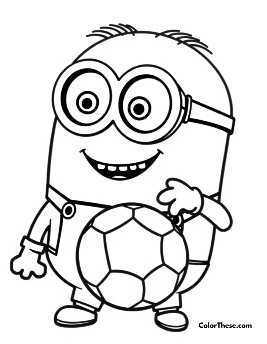 Free printable minion playing soccer coloring page for kids and adults - A a minion (despicable me) playing soccer and smiling.