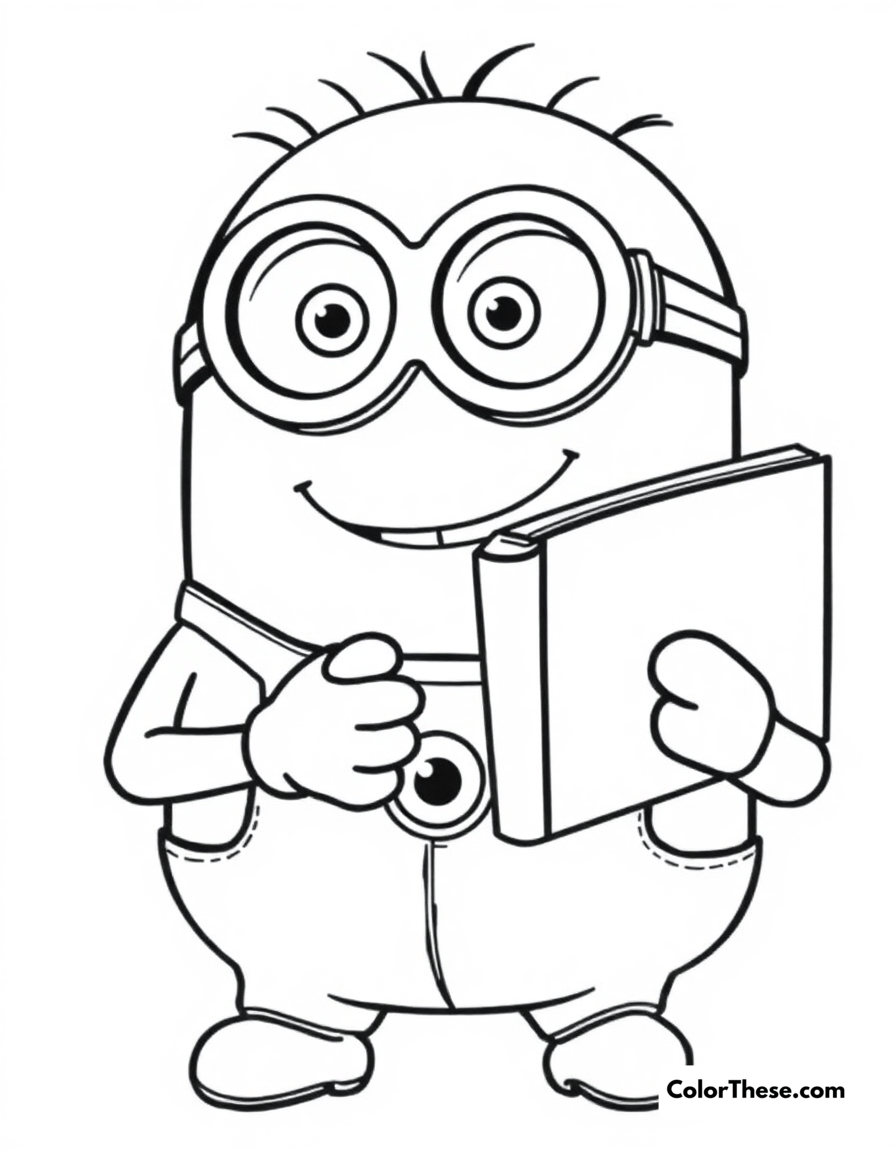 Free printable minion reading a book coloring page for kids and adults - A a minion (despicable me) reading a book and smiling.