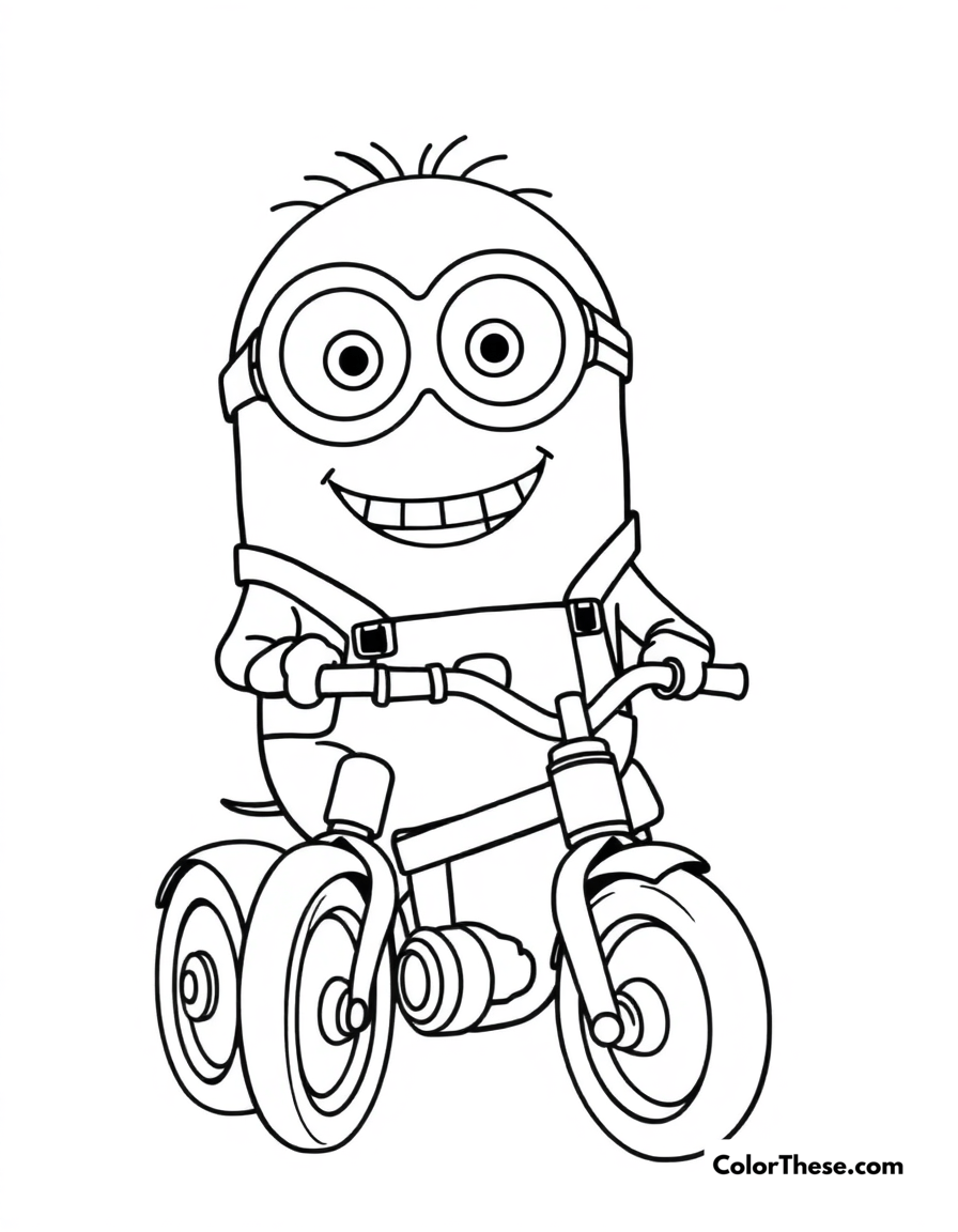 Free printable minion riding a tricycle coloring page for kids and adults - A a minion (despicable me) riding a tricycle with a big smile.