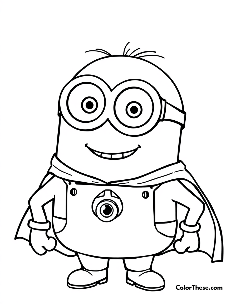 Free printable minion wearing a superhero cape coloring page for kids and adults - A a minion (despicable me) wearing a superhero cape and smiling.