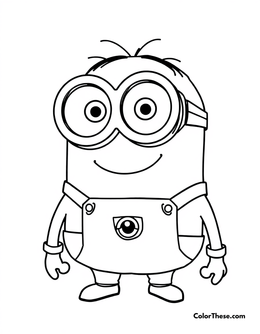 Free printable minion wearing goggles coloring page for kids and adults - A a minion (despicable me) wearing oversized goggles and smiling.