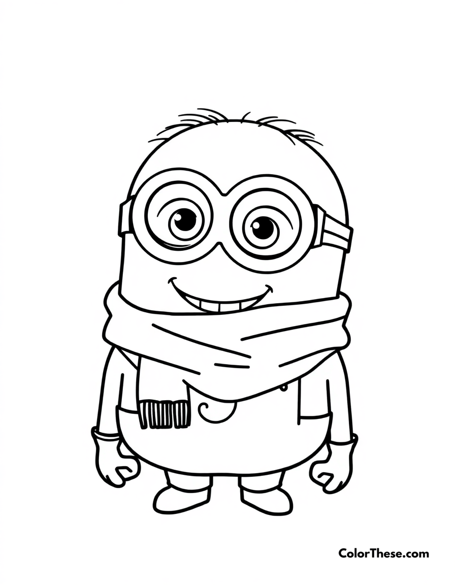 Free printable minion wearing a scarf coloring page for kids and adults - A a minion (despicable me) wearing a scarf and smiling.