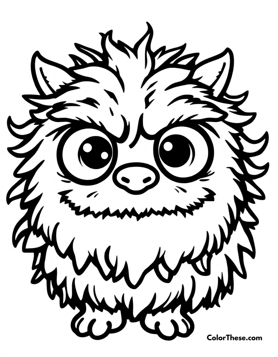 Free printable cute fuzzy monster coloring page for kids and adults - A a cute fuzzy monster with big eyes and a tiny mouth.