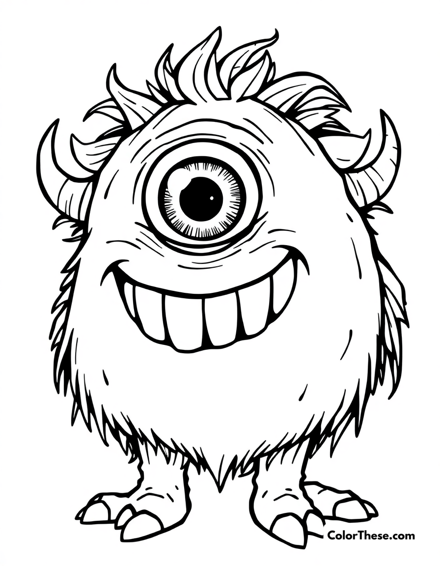 Free printable cyclops monster coloring page for kids and adults - A a cyclops monster with one eye and a big grin.