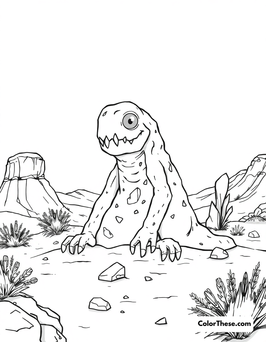 Free printable desert monster coloring page for kids and adults - A a monster made of sand and rocks in the desert.