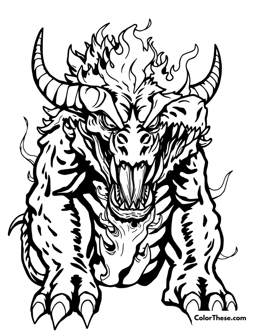 Free printable fire-breathing monster coloring page for kids and adults - A a fire-breathing monster with sharp teeth and horns.