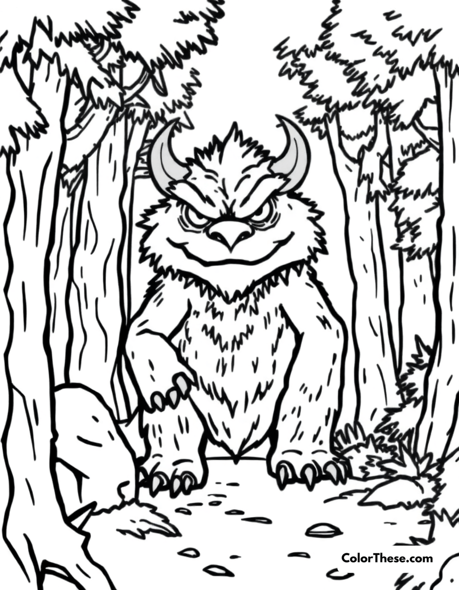 Free printable forest guardian monster coloring page for kids and adults - A a monster guarding a forest with a protective expression.