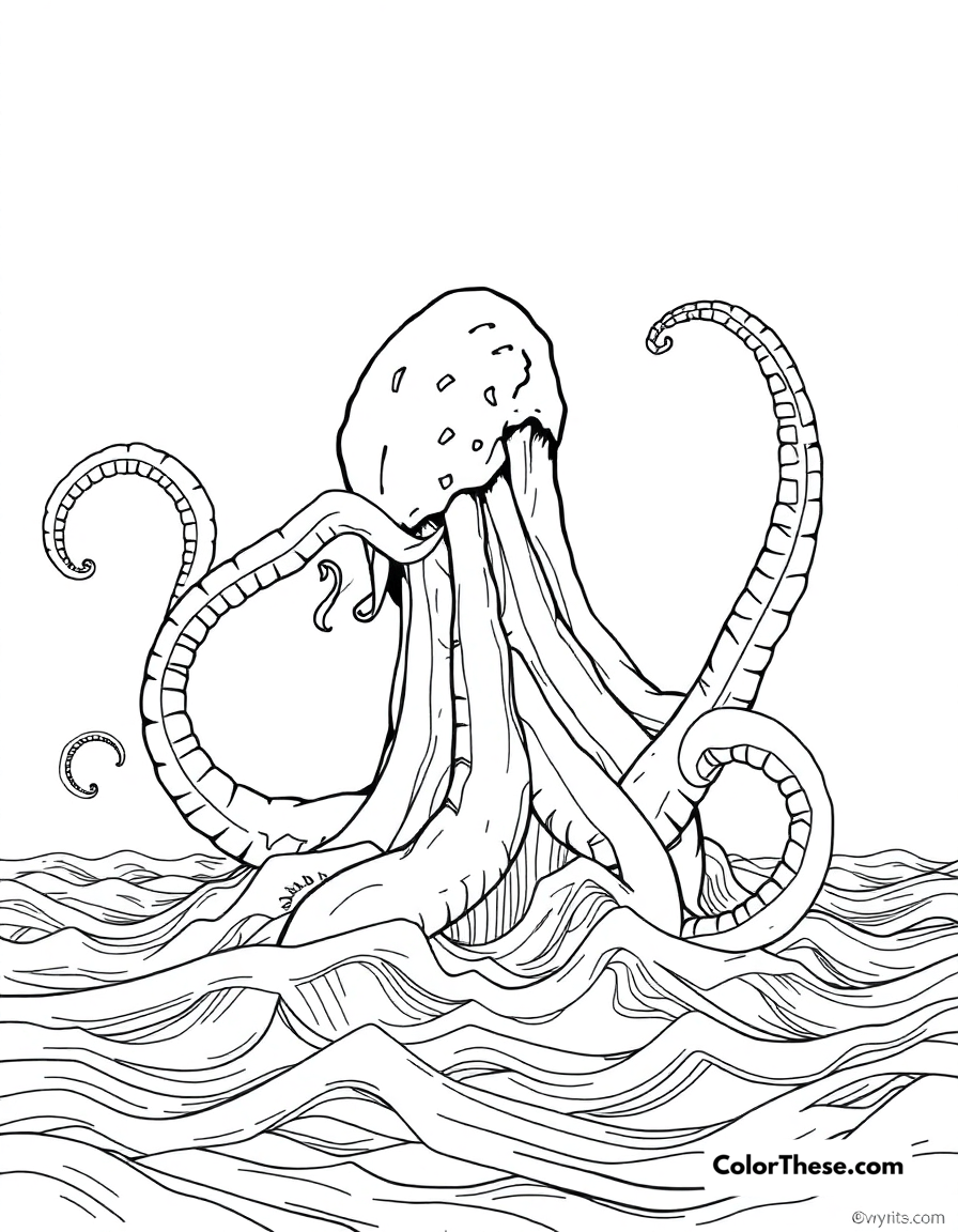 Free printable giant tentacle monster coloring page for kids and adults - A a giant tentacle monster rising from the ocean.