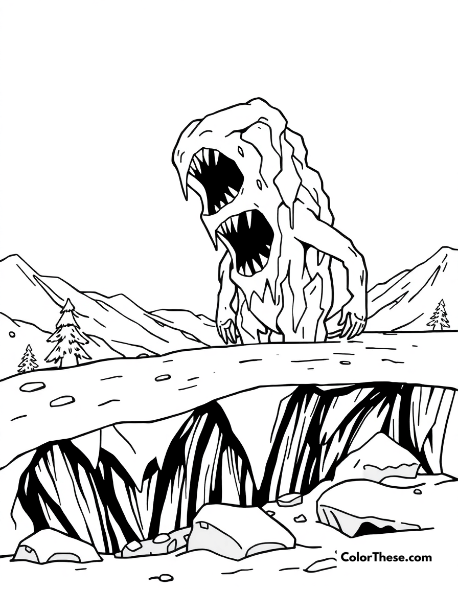 Free printable ice monster coloring page for kids and adults - A a monster made of ice in a snowy landscape.