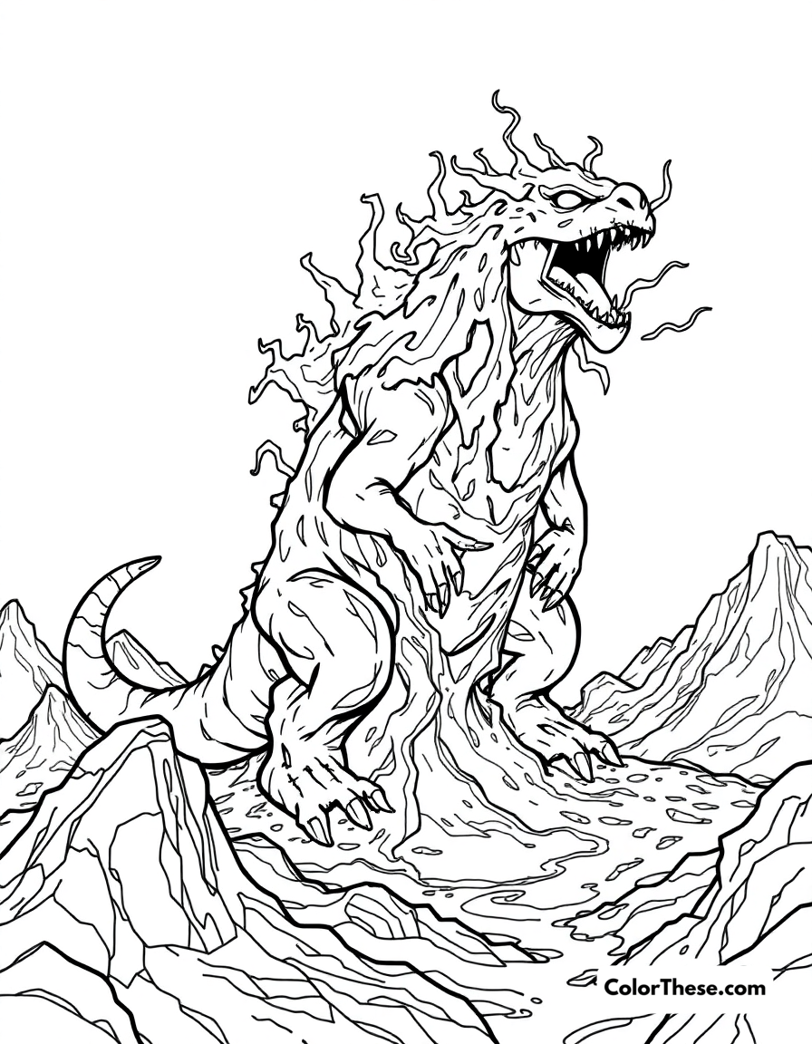 Free printable lava monster coloring page for kids and adults - A a monster made of lava in a volcanic landscape.