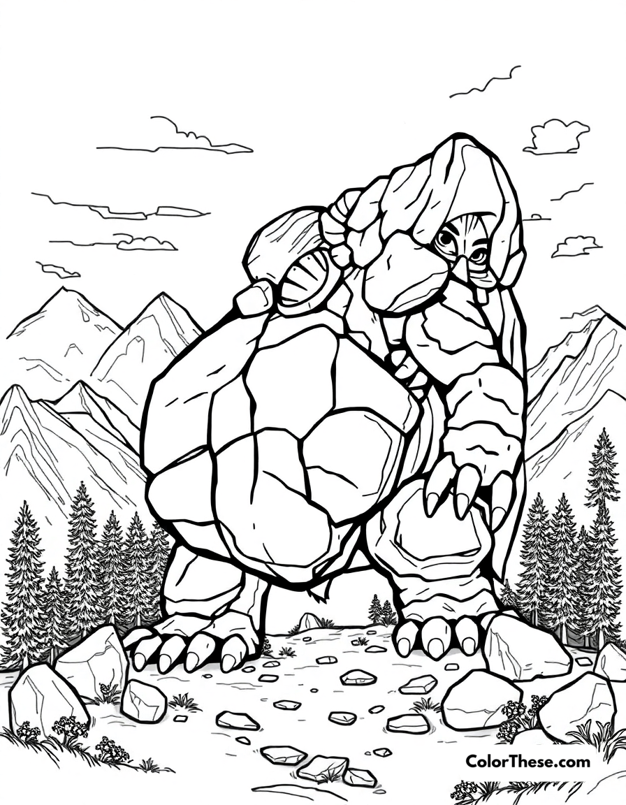 Free printable mountain monster coloring page for kids and adults - A a monster made of rocks and boulders in a mountain landscape.