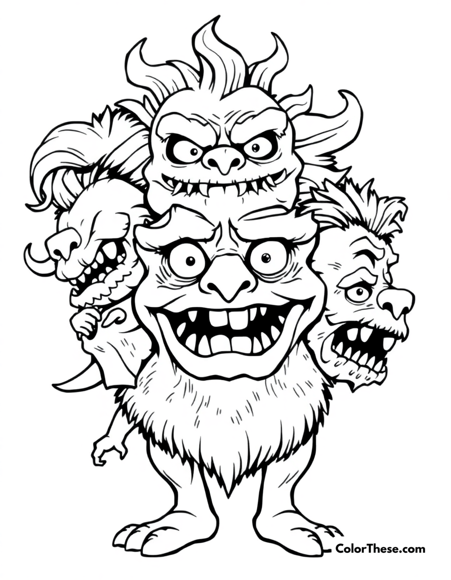 Free printable multi-headed monster coloring page for kids and adults - A a multi-headed monster with different expressions.