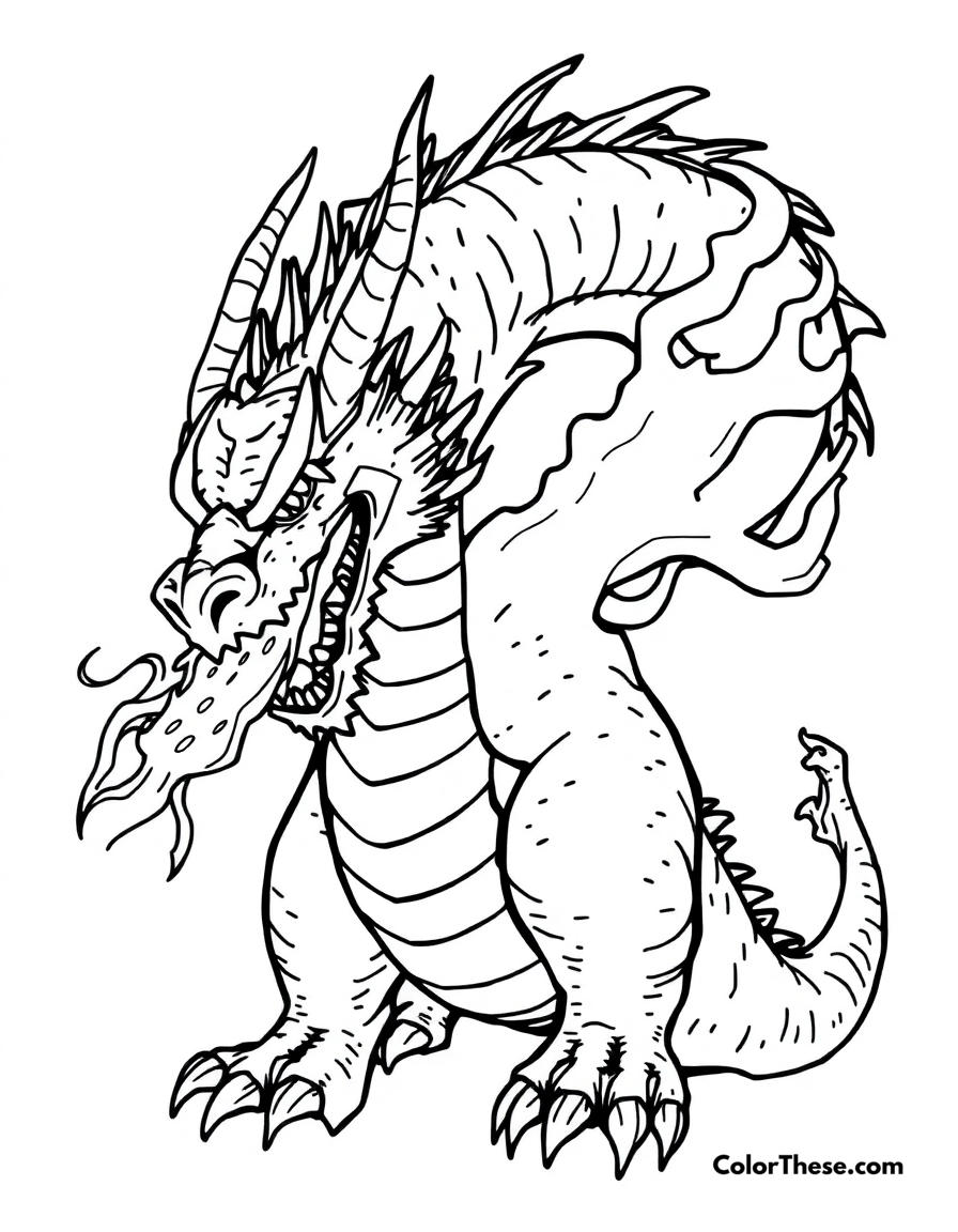 Free printable scary dragon monster coloring page for kids and adults - A a fierce dragon monster breathing fire.