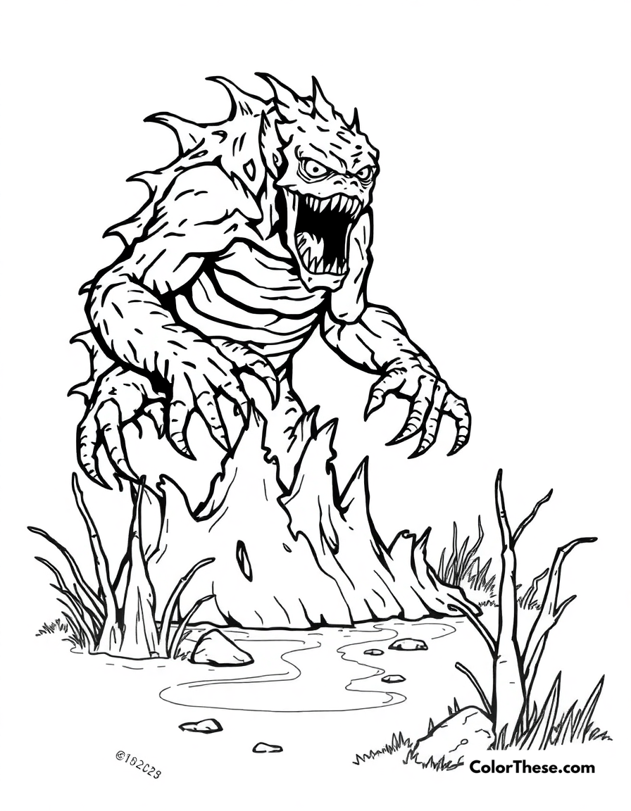 Free printable swamp monster coloring page for kids and adults - A a monster rising from a swamp.