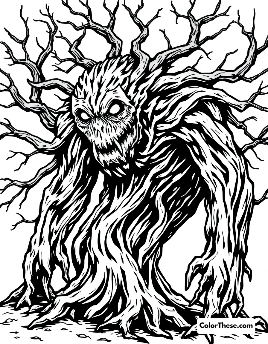 Free printable tree monster coloring page for kids and adults - A a monster made of twisted tree branches.