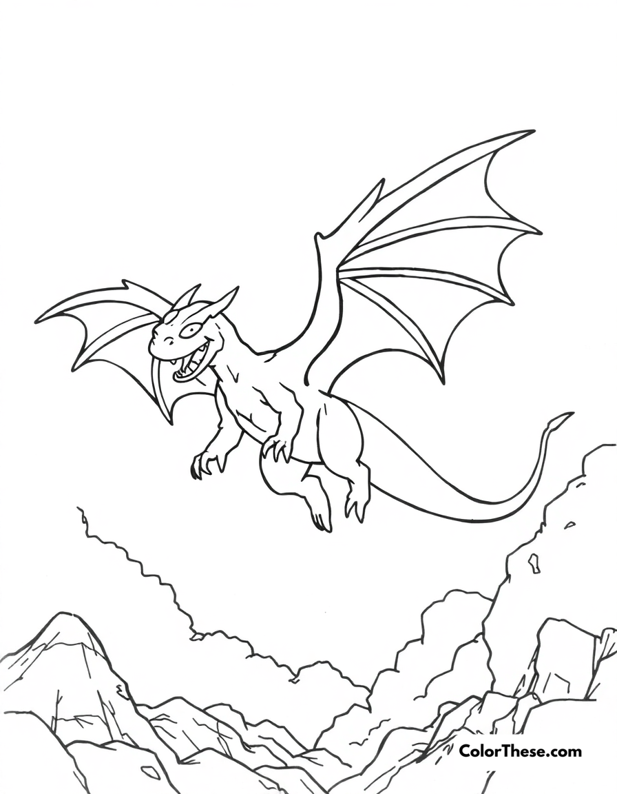 Free printable winged monster coloring page for kids and adults - A a winged monster flying in the sky.