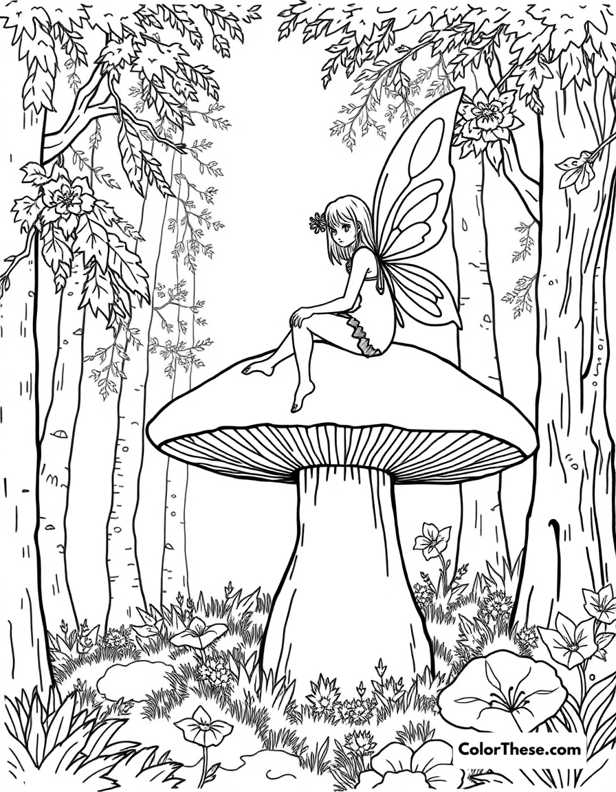 Free printable fairy sitting on a mushroom coloring page for kids and adults - A a fairy sitting on a large mushroom in a forest.